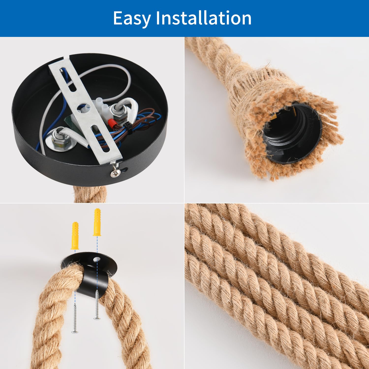ANWIO Cable Suspension Luminaire, E27 Lustre Industriel en Corde de Chanvre Naturel, Lampe Suspendue 1 Corde, Lustre Plafond Salle à manger, Plafonnier Led Couloir, Loft, Bar