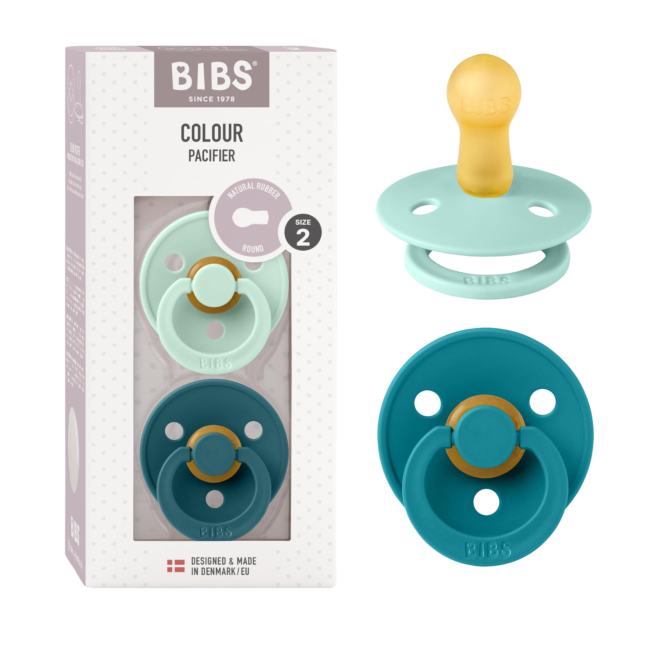 BIBS Colour Ciuccio confezione da 2 pezzi. Privo di BPA, Misura 2 (6-18 mesi), Nordic Mint/Forest Lake
