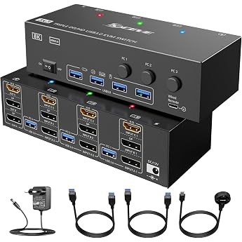 KVM Switch 3 Monitors 3 PC Displayport HDMI USB 3.0 KVM Switch Triple Display Supports 4K@60Hz for 3 Computers
