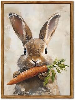 Framed Vintage Rabbit Canvas Wall Art, Cute Easter Bunny with Carrot Pictures Wall Decor, Spring Farmhouse Animal Paintings Prints Cottagecore Home Decor for Living Room kitchen Nursery 12x16 inch