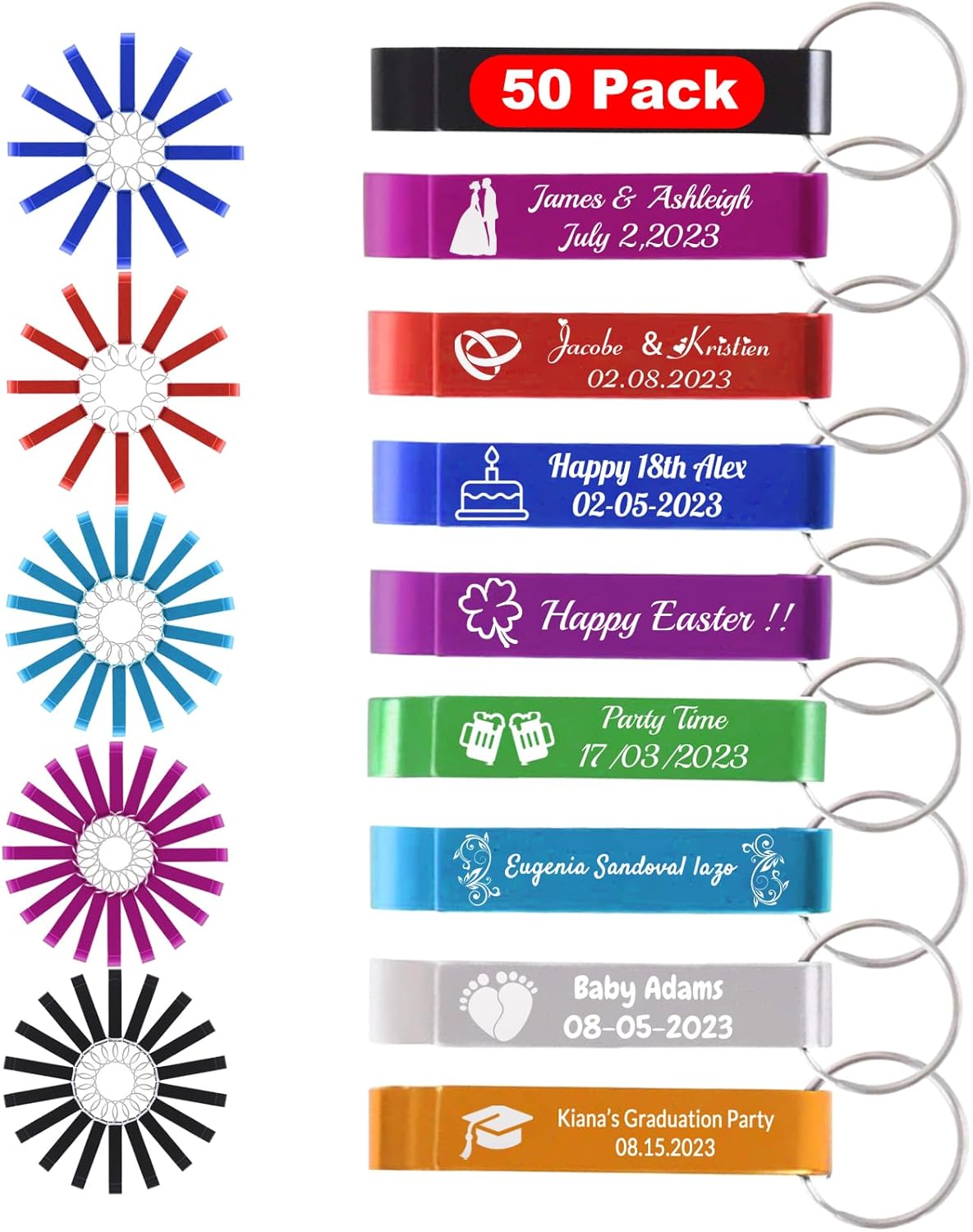 100pcs Personalized Custom Bottle Opener Keychain Bulk Wedding Favors with Engraved Logo Text Customized Beer Can Bottle Openers for Guests Party Graduation Father's Day Gifts