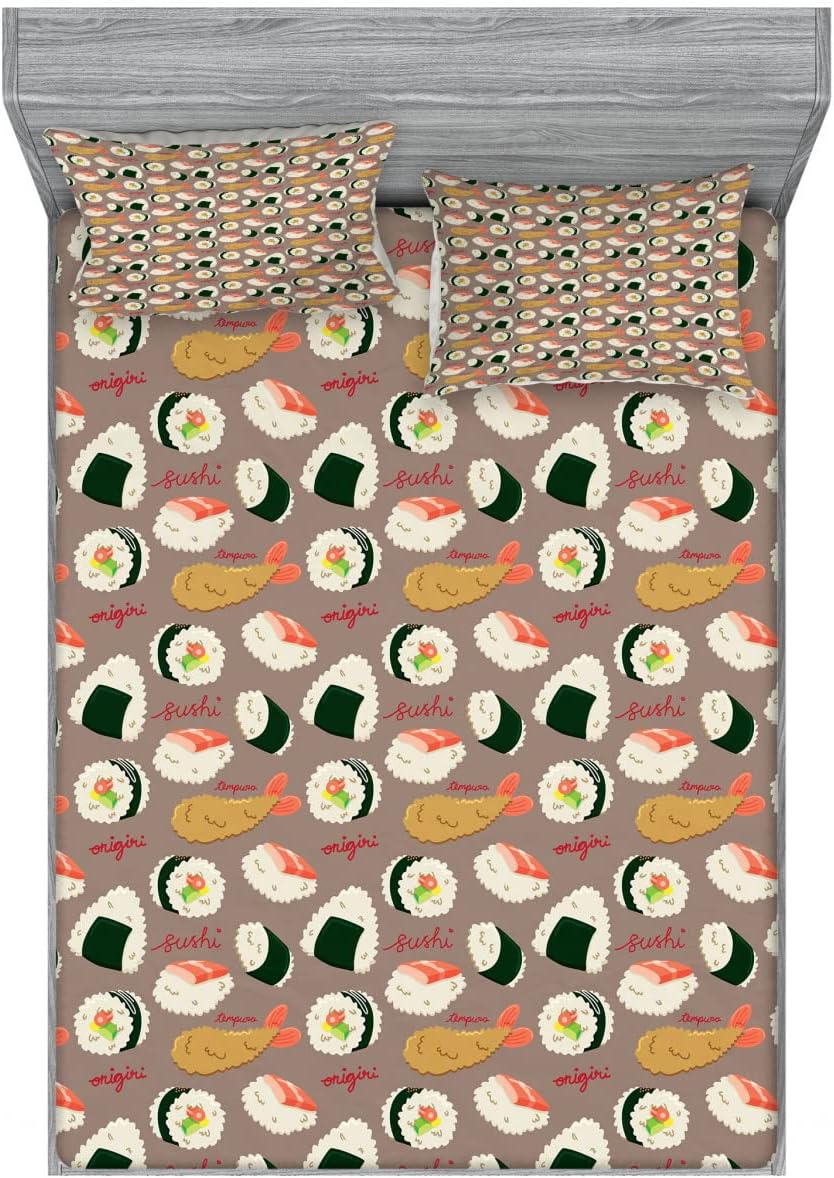 Ambesonne Sushi 2 Pack Fitted Sheet & Pillow Sham Set, Delicious Onigiri and Tempura, 4 Pcs Bedding Decor, Package Contains 2 Queen Size Fitted Sheets & 4 Pillow Covers, Multicolor