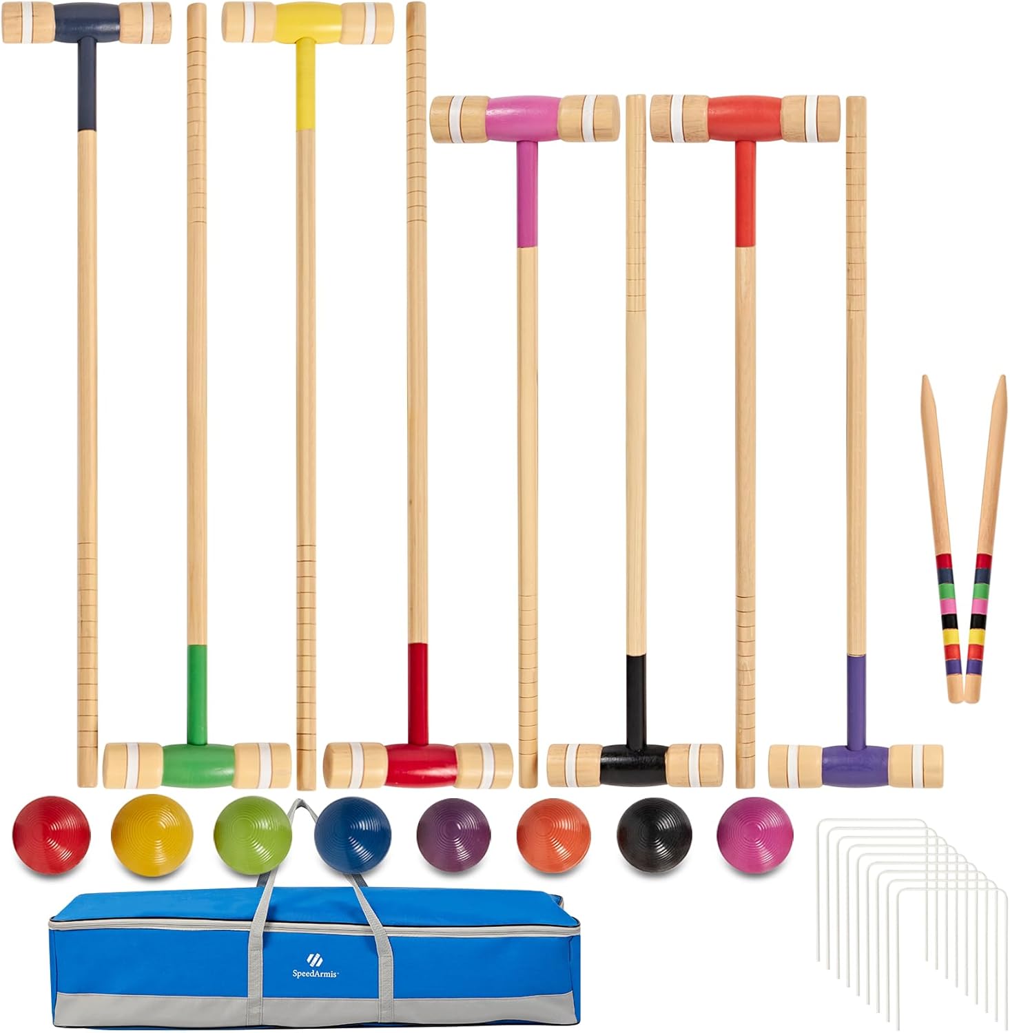 8 Players Croquet Set with 32In Regulation | 28In Standard Size Rubber Wood Mallets