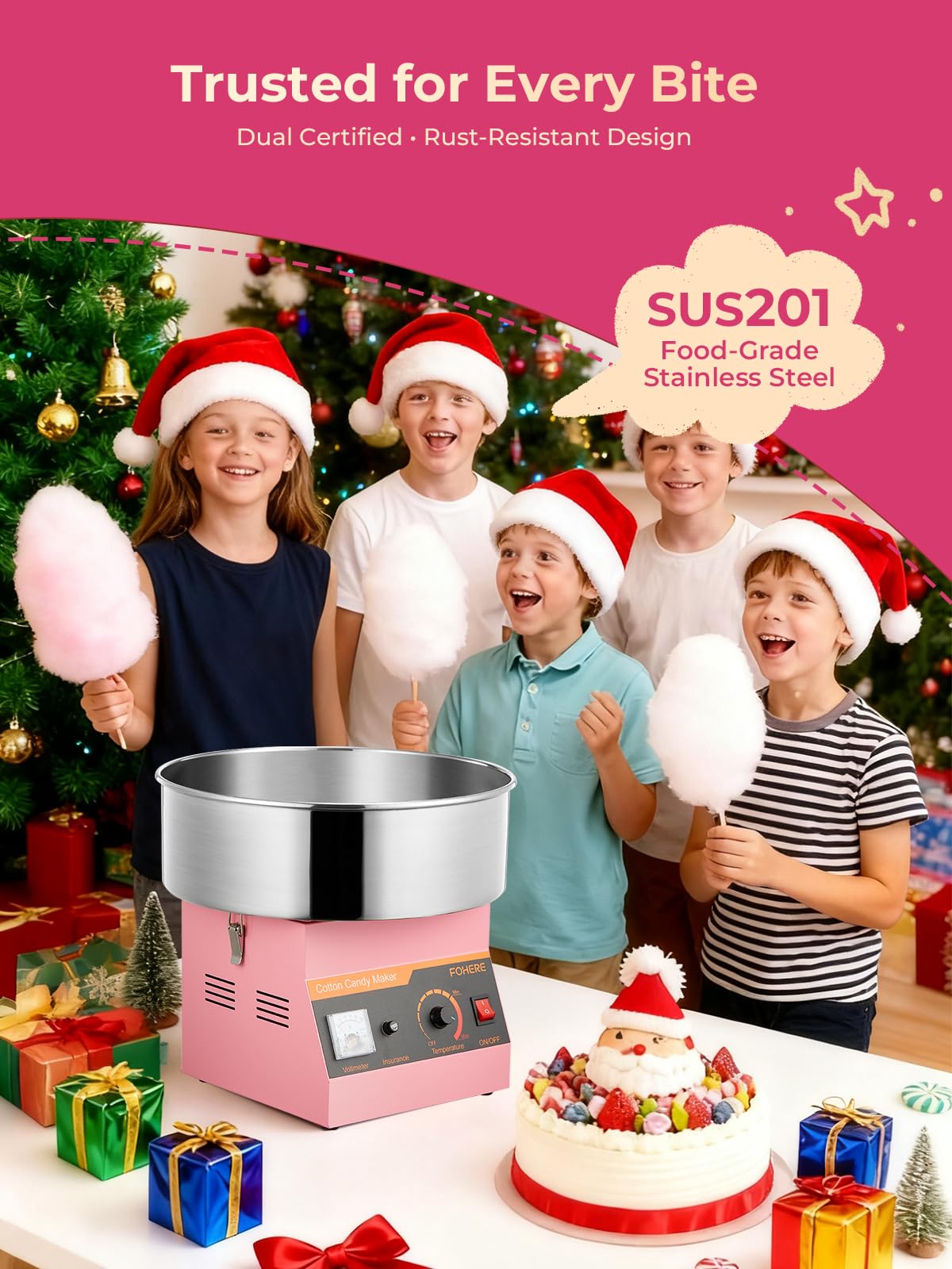 FOHERE Machine à Barbe à Papa Électrique 1000 W, Bol en Acier Inoxydable 38cm, Appareil à Barbe à Papa Commerciale pour Anniversaires, Mariages, Fêtes, Carnavals, pour Faire des Bonbons, Rose