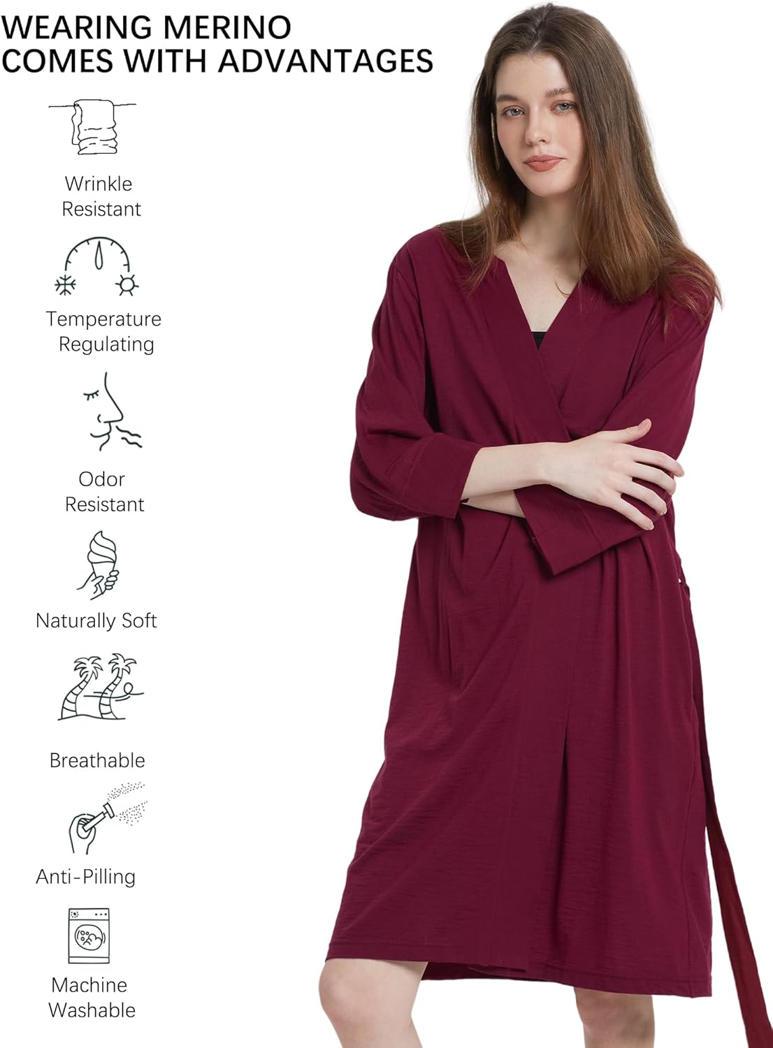 SIORO Women's Wool Robe, Short Bathrobe, Lightweight Loungewear with Pockets, Plus Size Sleepwear for Spa, Resort & Hotel - Image 2