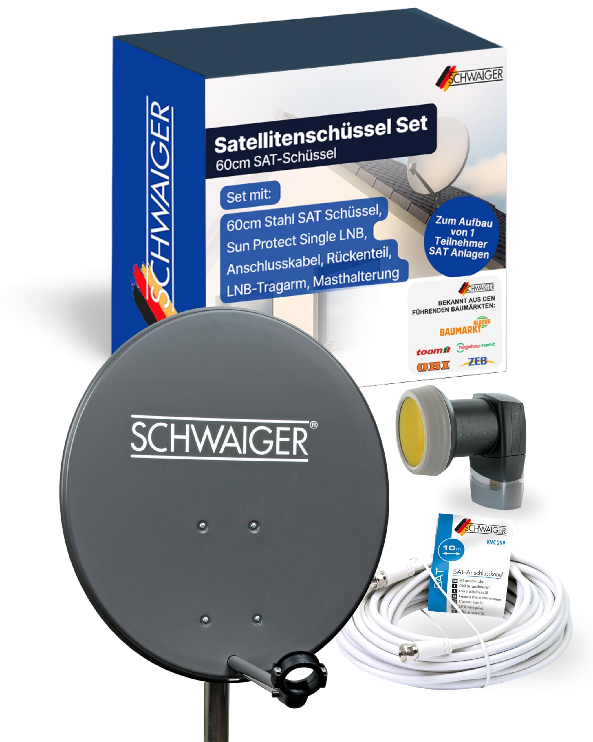 SCHWAIGER Satellitenschüssel Komplettset I Ø 60 cm Stahl Offset Antenne in Anthrazit I Inkl. sonnengeschütztes Single LNB 1-Fach I Digital HD Empfang I Integrierte Kabelführung & wetterfest