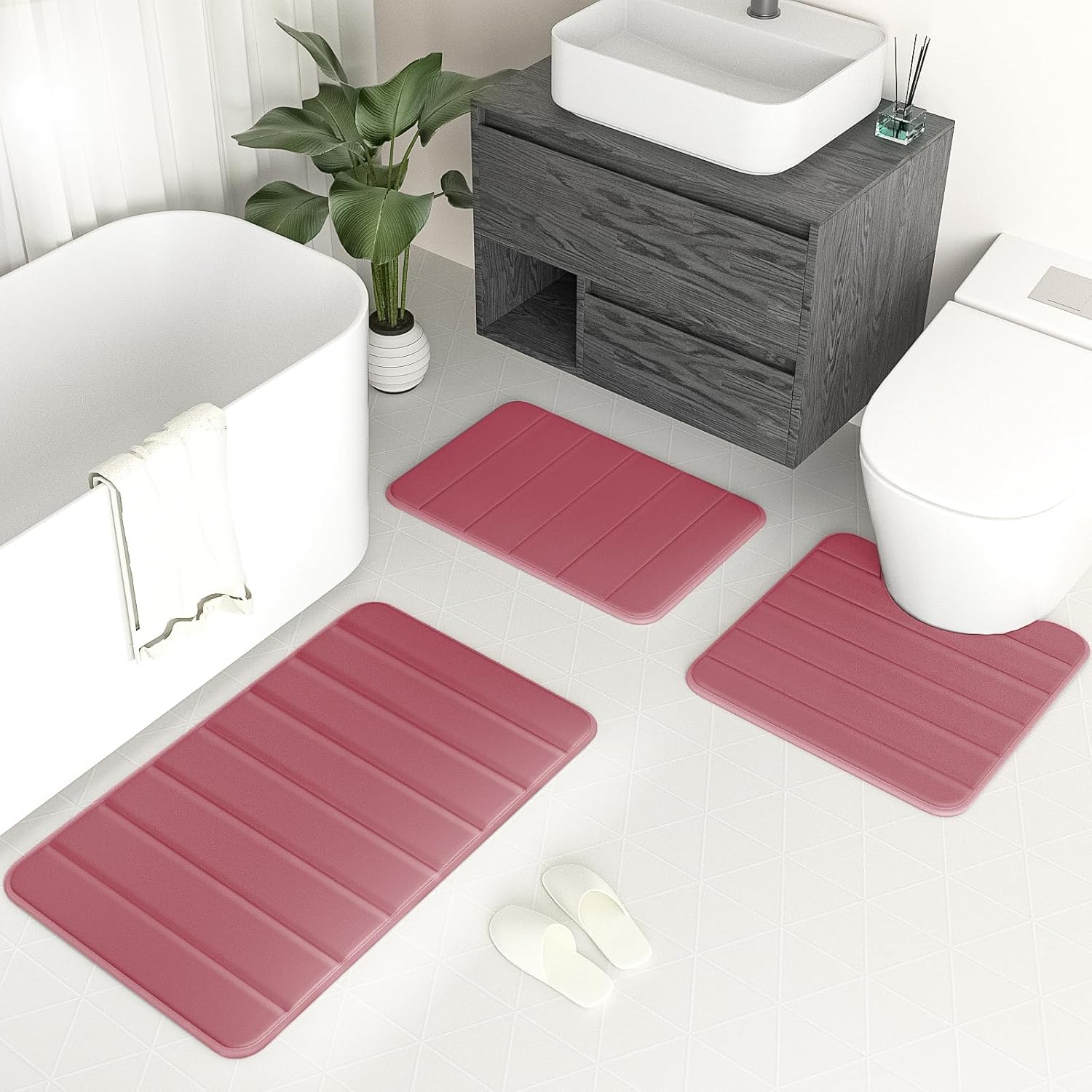 Bath Mat Bathroom Rug Set 3 Piece,Memory Foam Bath Rugs for Bathroom,Bedroom,Door,Ultra Water Absorbent Bath Mat Set with Non-Slip PVC Backing,Machine Washable,Super Soft and Cozy,Pink