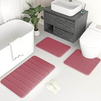 Bath Mat Bathroom Rug Set 3 Piece,Memory Foam Bath Rugs for Bathroom,Bedroom,Door,Ultra Water Absorbent Bath Mat Set with Non-Slip PVC Backing,Machine Washable,Super Soft and Cozy,Pink