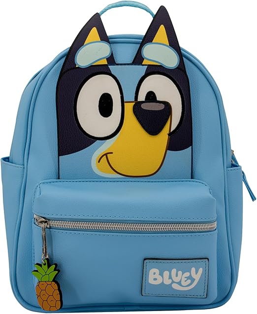 AI ACCESSORY INNOVATIONS Bluey Big Face Mini Cosplay PU Backpack Purse, Shoulder Bag with Epoxy Filled Metal Pineapple Charm, 10.5 Inch, Adjustable Straps, Faux Leather