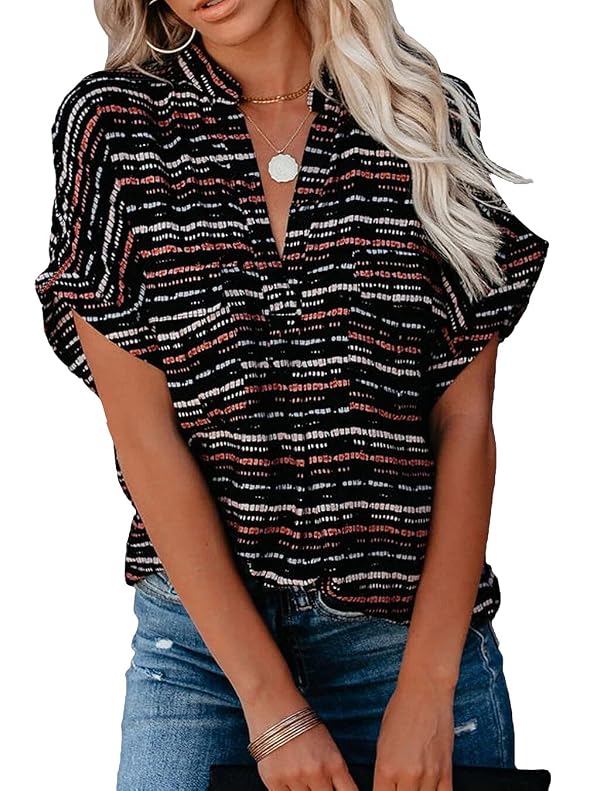 Allimy Women Summer Casual Short Sleeve V Neck Striped Tunics Tops Work Blouses Black XL by Allimy - Used condition - US$8.87