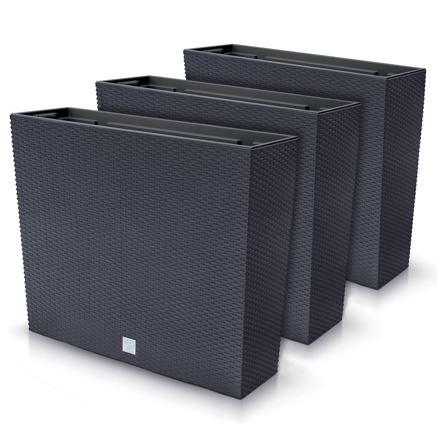 Juego de 3 macetas rectangulares para flores y plantas en T, de plástico, 58 x 18 x 49,8 cm, para interior y exterior, color negro, volumen 44 litros, diseño moderno