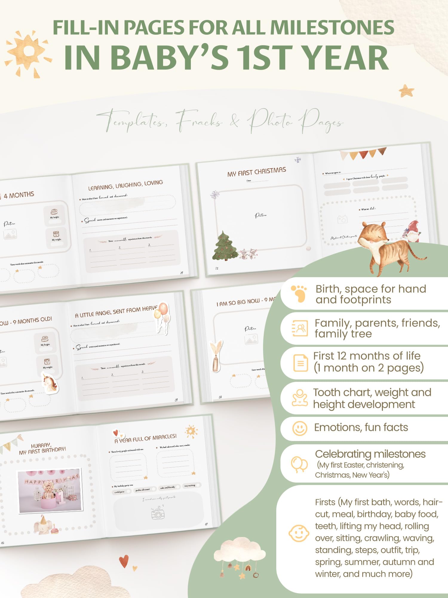 My First Year Baby Memory Book, Keepsake Journal for Boys & Girls, 84 Pages with Stickers, Capture Milestones, Photos - Image 3