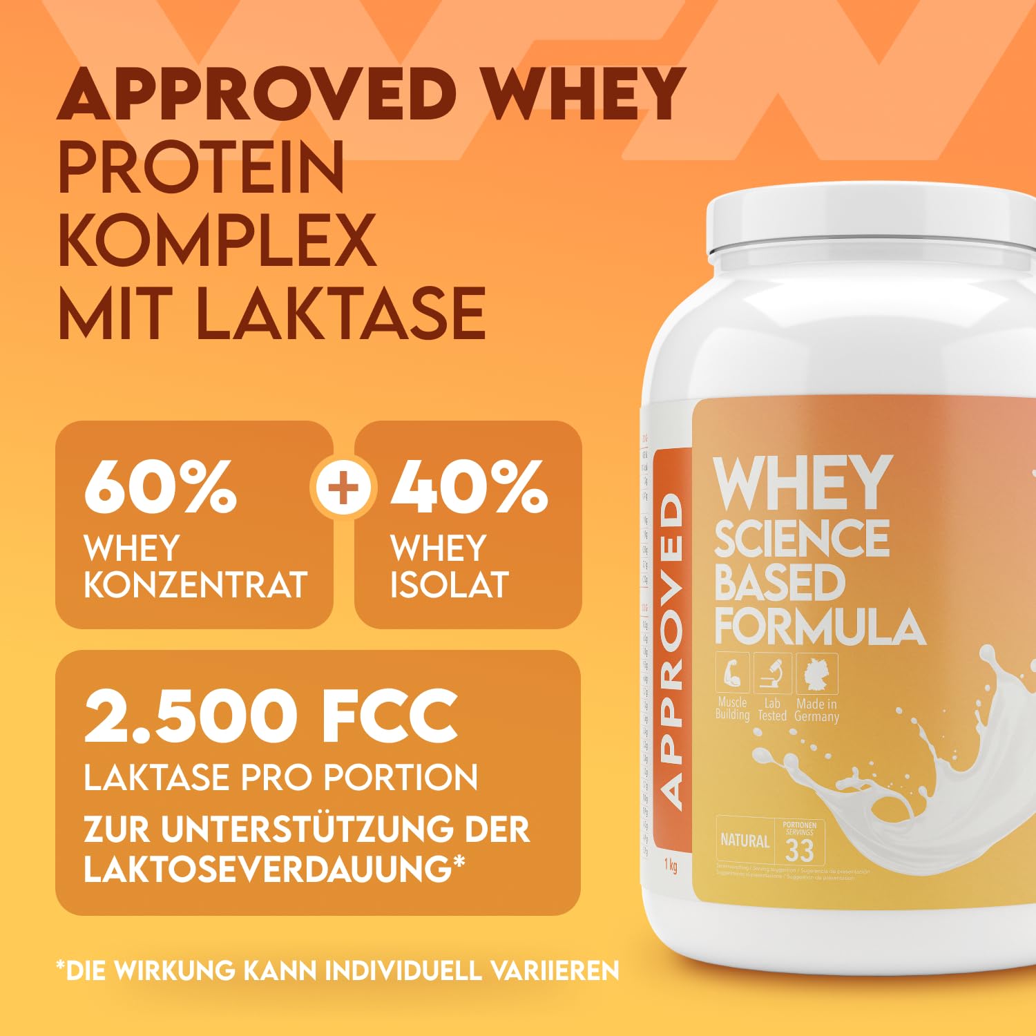WFN Approved Whey Proteinpulver - Neutral- Ohne Süßungsmittel & Zuckerzusatz - 1 kg - Mit Laktase - Produziert & laborgeprüft in Deutschland
