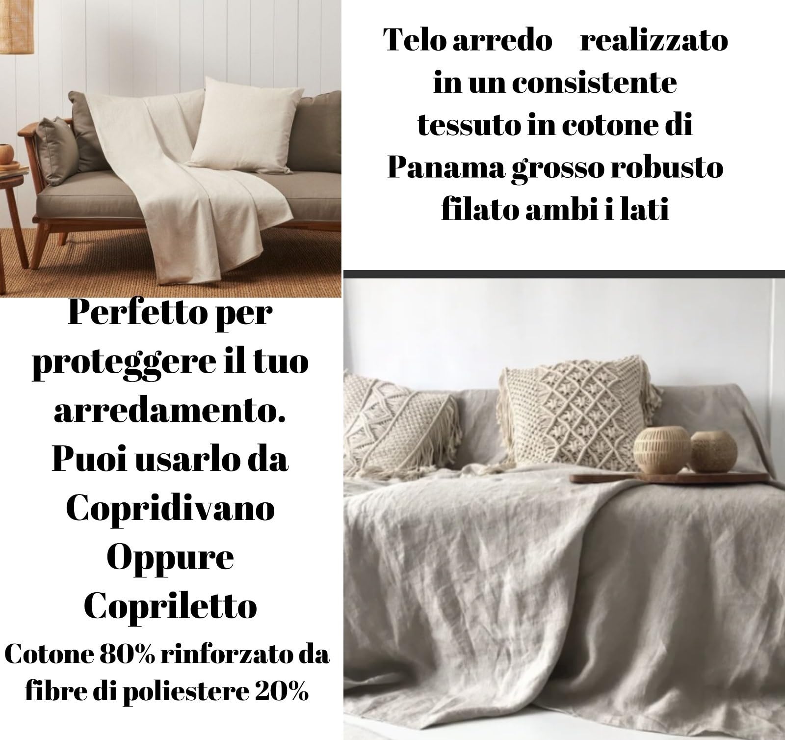 L'Emporio Casa Tela para sofá o cama, de tela gruesa y robusta, de algodón Panamá, 160 x 260 x 280 cm, 360 x 280 cm, tamaño maxi, sábana cubretodo de algodón, Granfoulard Made Italy (crudo, 360 x 280)