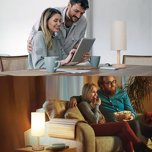 Miniatura 5 de Lámpara de mesa pequeña para dormitorio, lámpara de mesita de noche, pantalla de lino, base de madera, pequeña lámpara de noche para mesitas de