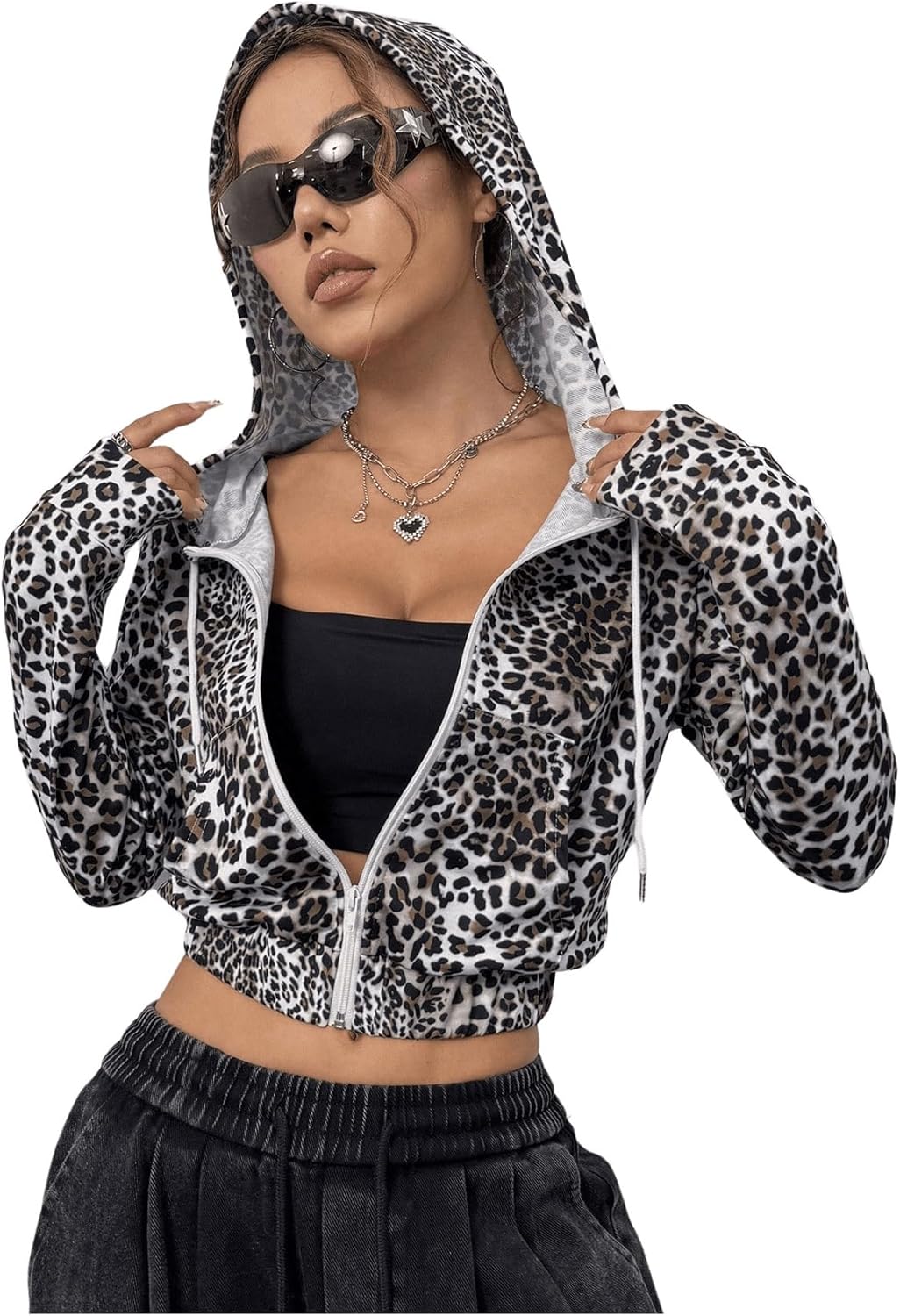 Floerns Women's Leopard Print Long Sleeve Cropped Hoodie Zip Up Sweatshirts Jacket