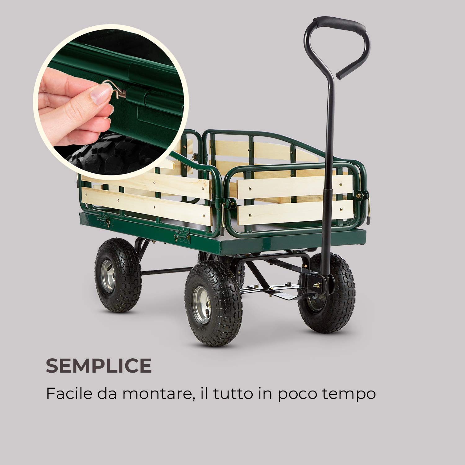 Waldbeck Ventura - Carrello da giardino, Carretto a mano, Sponde laterali ribaltabili, Resistente alle intemperie, Portata 300 kg, Telaio robusto, Ampio vano di carico, verde scuro