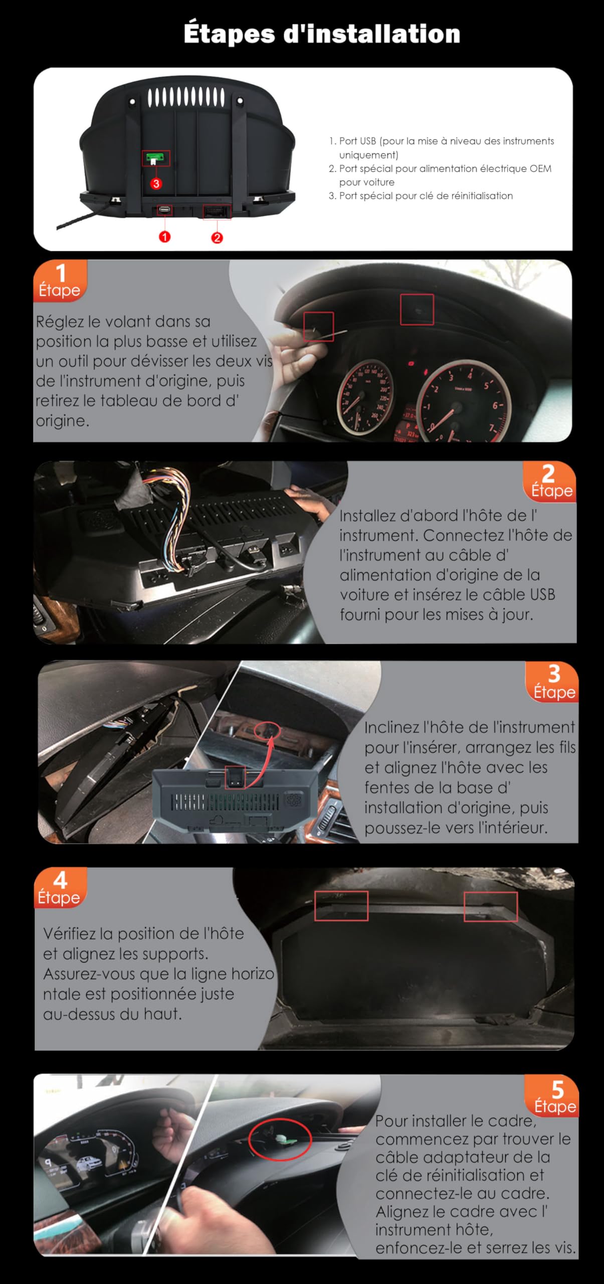 Tableau de bord digital 12,3'' Écran LCD pour BMW X5 E70 X6 E71 Série 5 E60 E61 CCC/CIC Système Tableau de bord Compteur de vitesse, 4-Cœur, 7 Styles UI, Plug & Play, Commande au volant, 1920 * 720P