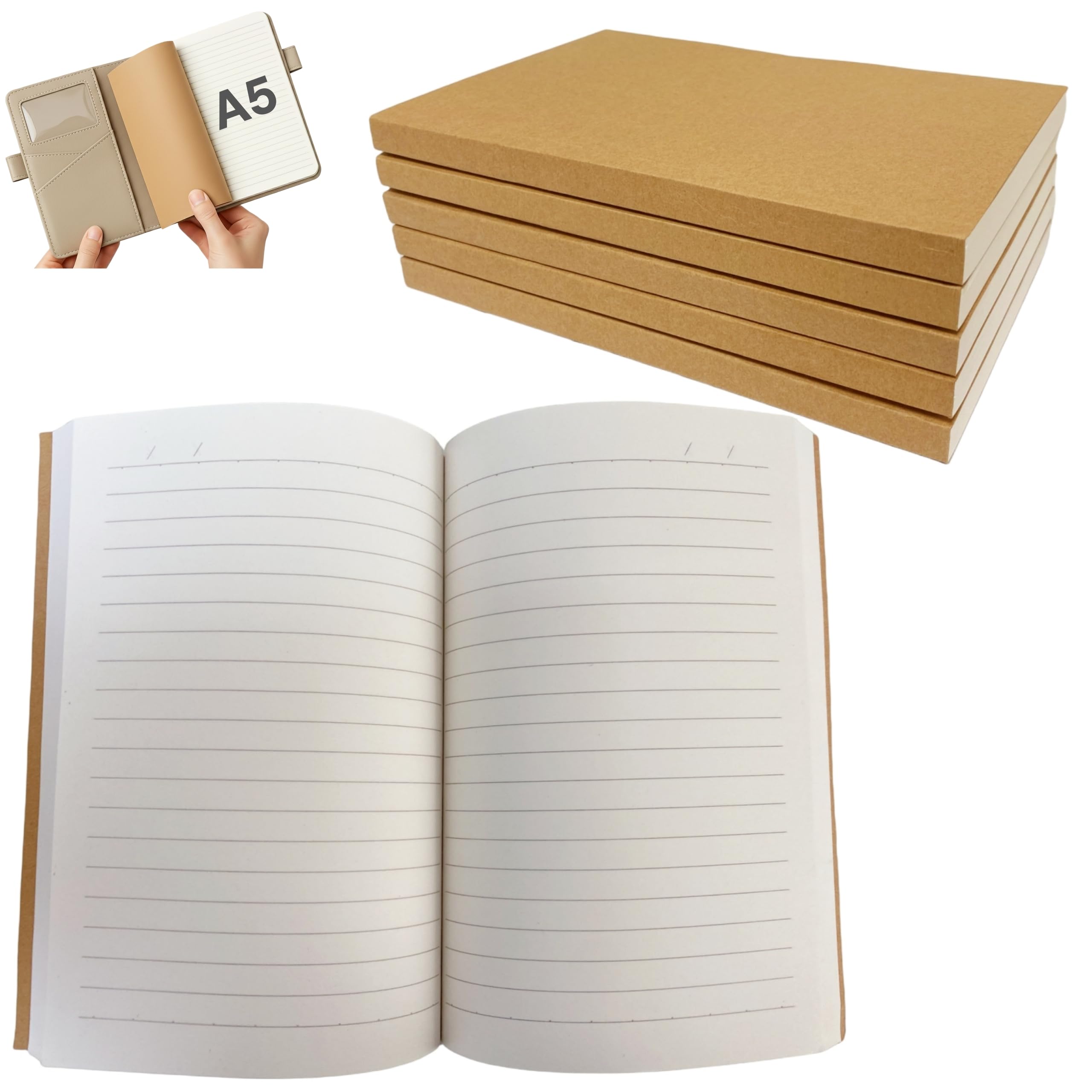 Ricarica per quaderni A5, confezione da 5 inserti a righe, 256 pagine per libro, ricariche A5 per agende, 20,5 x 13,8 cm