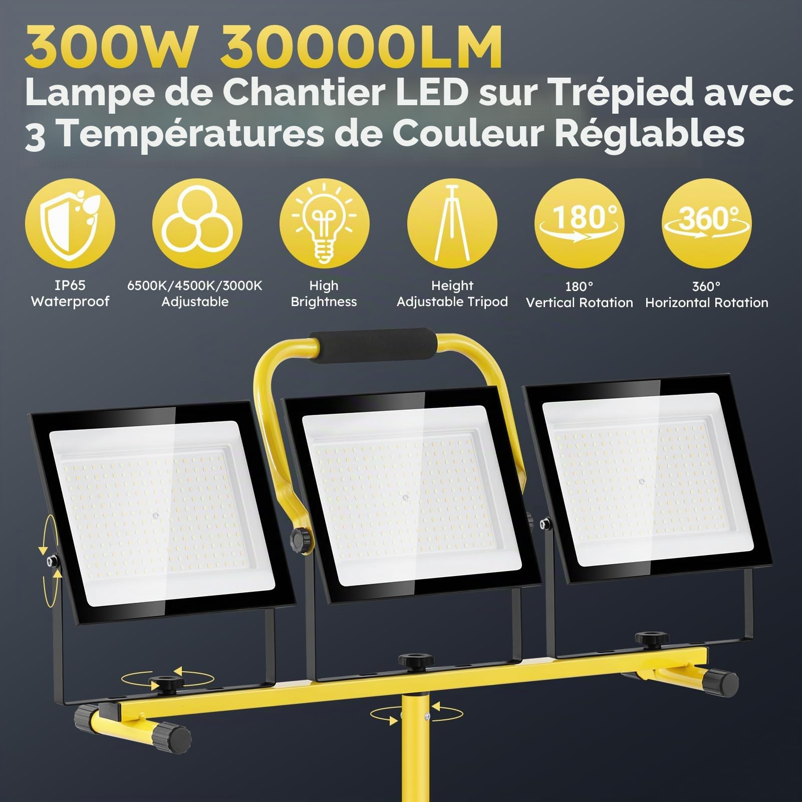300W Projecteur LED Chantier avec Trépied, 3x100W 30000LM Projecteur de Chantier 6500K 4500K 3000K, Hauteur Réglable de 85-180cm, Étanche IP66 Lampe de Chantier pour Chantier Garage Atelier