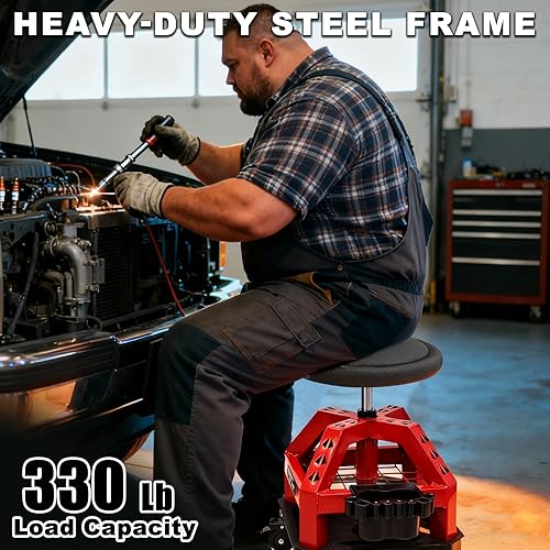 Miniatura 5 de Taburete de taller rodante con ruedas, taburete mecánico de trabajo de garaje resistente, altura ajustable 22.44"-28.94", silla rodante giratoria de