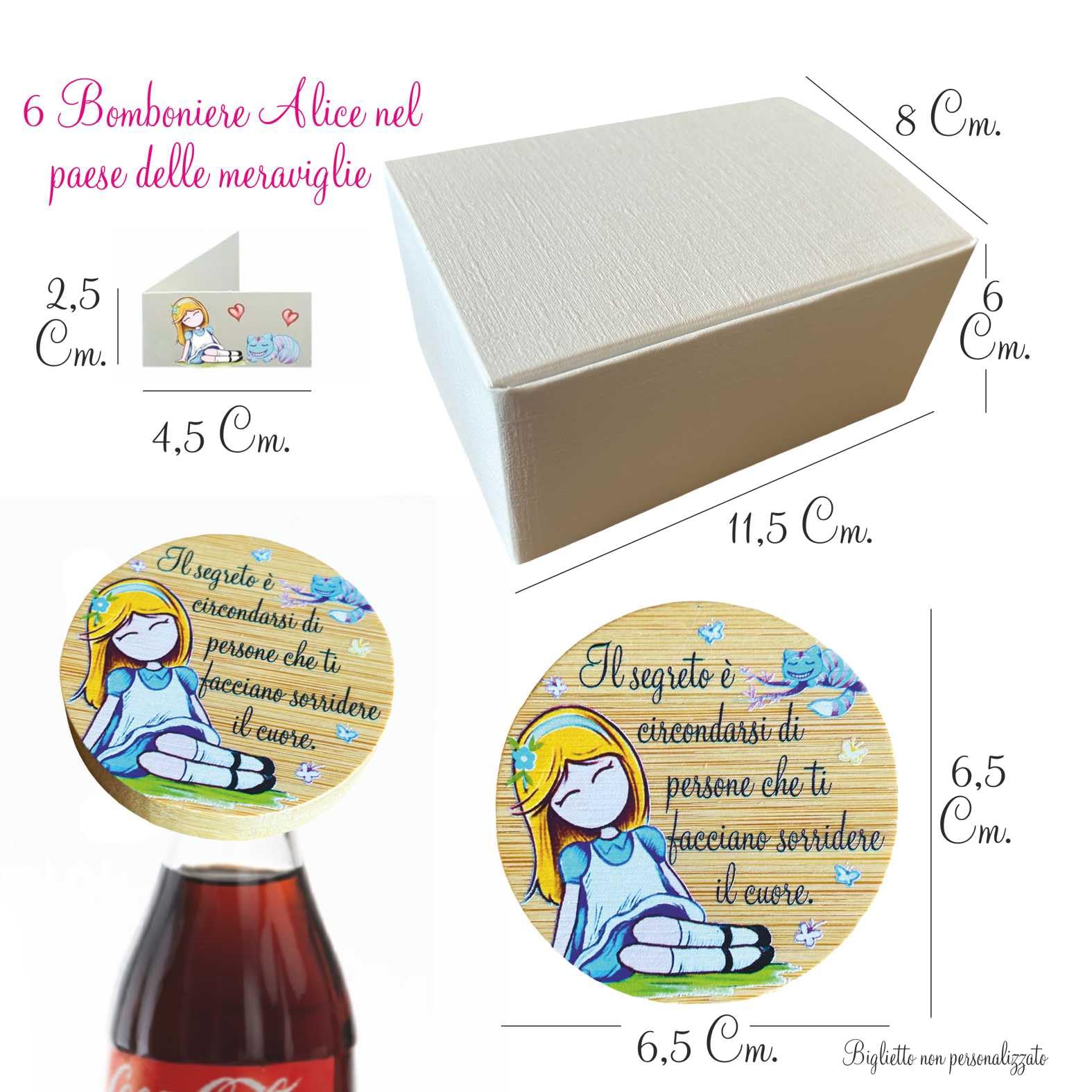 Regalami Set 6 Bomboniere Stappa Bottiglie Magnetico in Legno Confezione Completa con Scatola, Confetti e Biglietto (Alice)