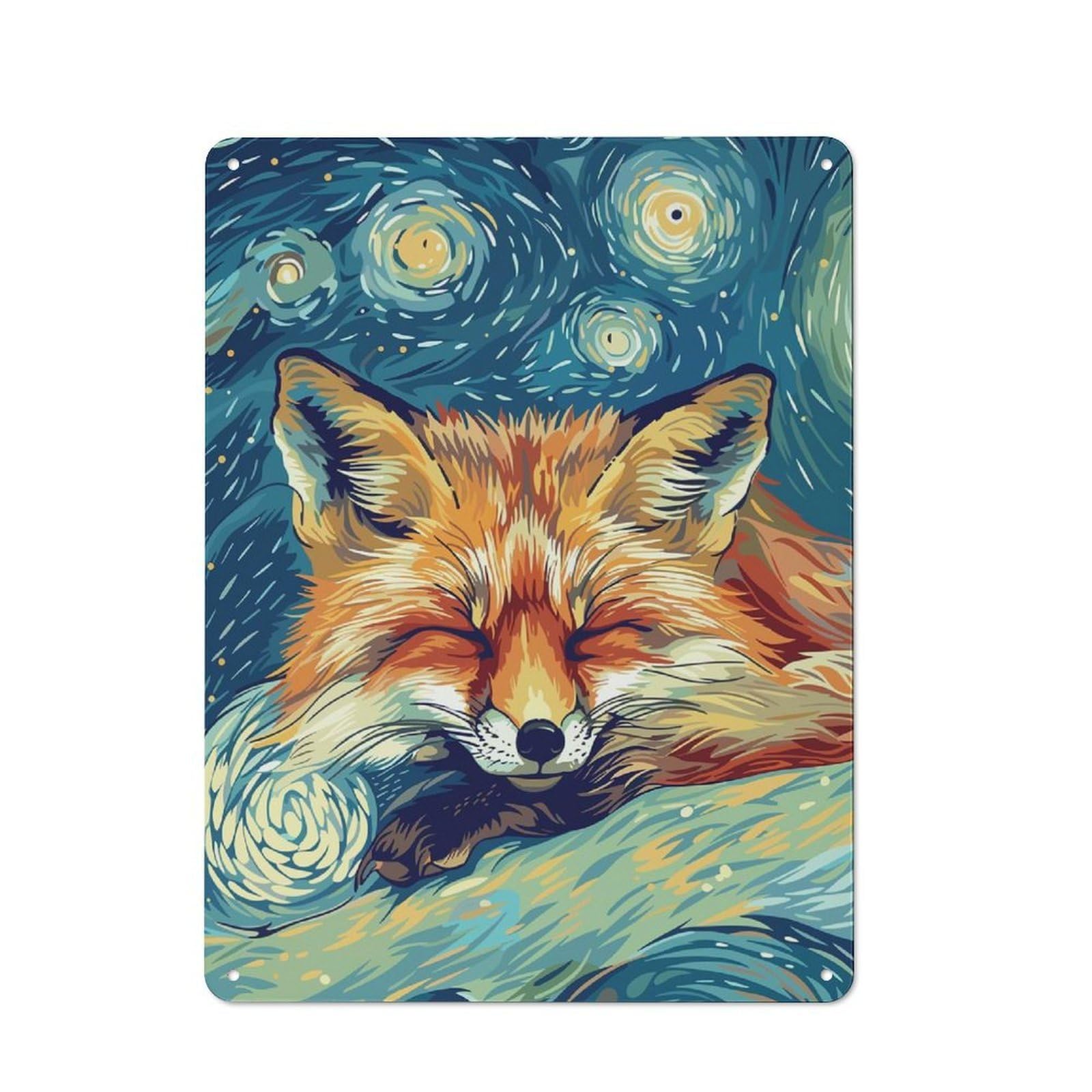 Junmoney Sleeping Fox Starry Night Art Retro Tin Wall Plaque 40X30cm For Dining Room Or Kitchen, For Home Decor Collectors