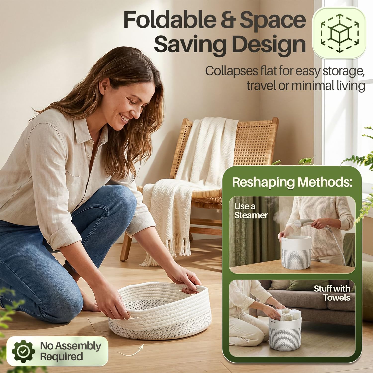 Flexzion Pflanzkorb (2 Stück) Moderner Urban Boho Baumwollseilkorb für den Innenbereich (bis zu 27,9 cm Blumentopf), Makramee, gewebter Aufbewahrungskorb mit Griffen, Heimdekoration, Aufbewahrung,