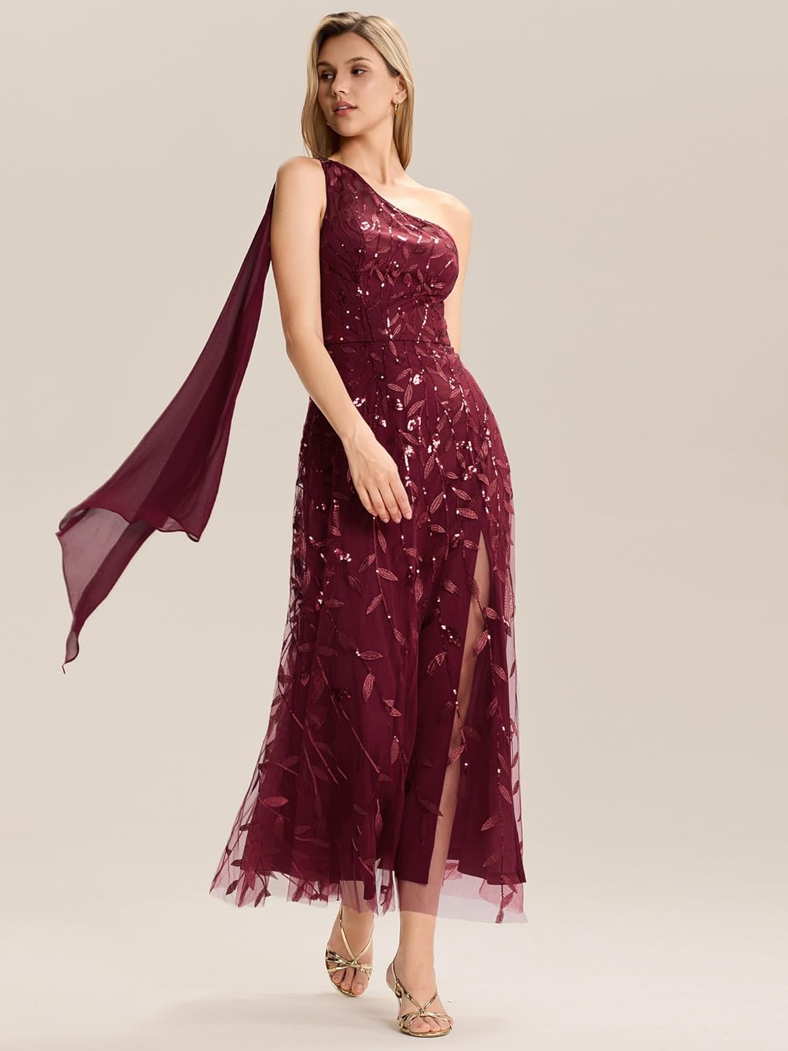 Ever-Pretty Women's One Shoulder Slit Flowy Panels Maxi Sequin A-Line Formal Evening Dresses 02486