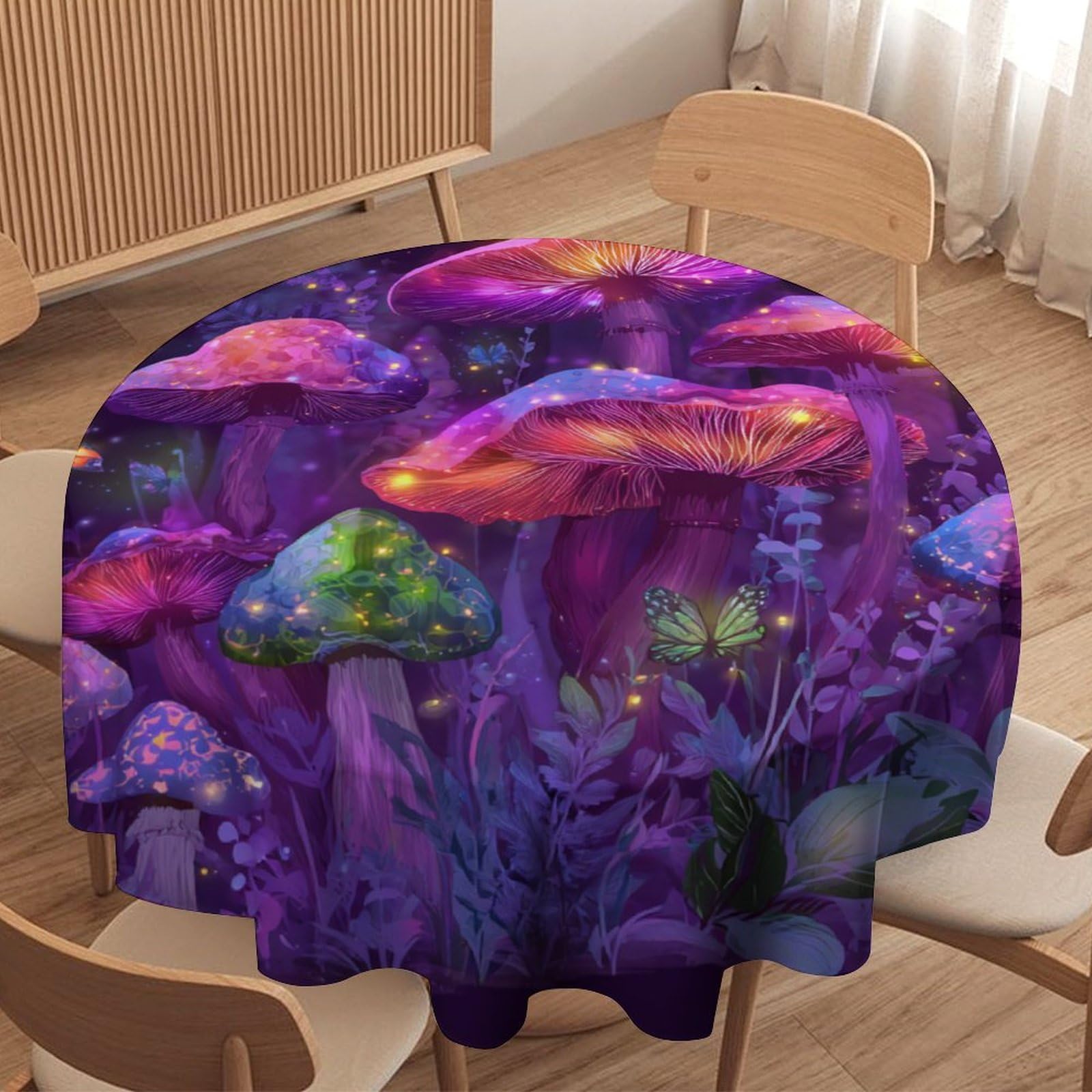LUYYSKY Vintage Oil Painting Mushroom Round Tablecloth Colorful Vintage Boho Plant Mushroom Animal Butterflies Print Washable Decor for Table Cover for Kitchen-127 Wx127 L cm