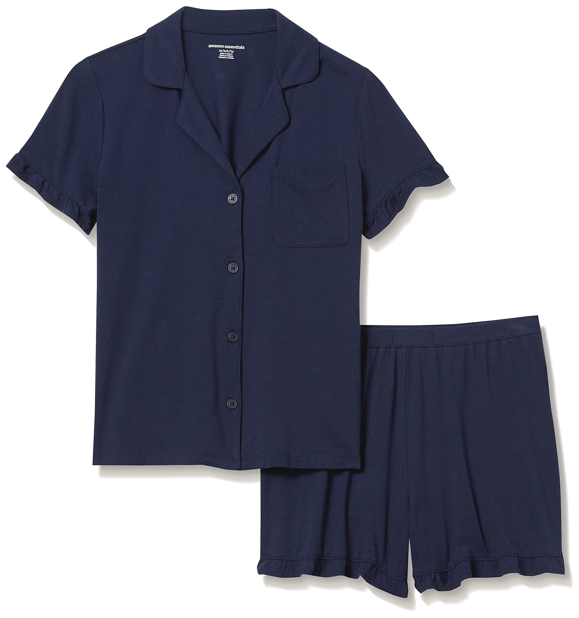 Amazon Essentials Damen Pyjama-Set Aus Baumwollmodal Mit Paspelierung Und Gekerbtem Kragen, Bequeme Loungewear (In Übergröße Erhältlich)