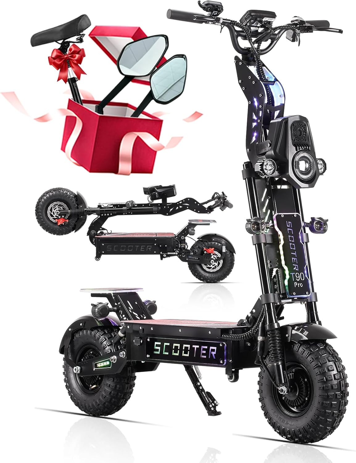 T90 Pro Electric Scooter Adults 10000W Dual Motor, 72V Removable Battery, 14” All Terrain Fat Tires, 65 Miles Range 68 MPH, Foldable Scooter