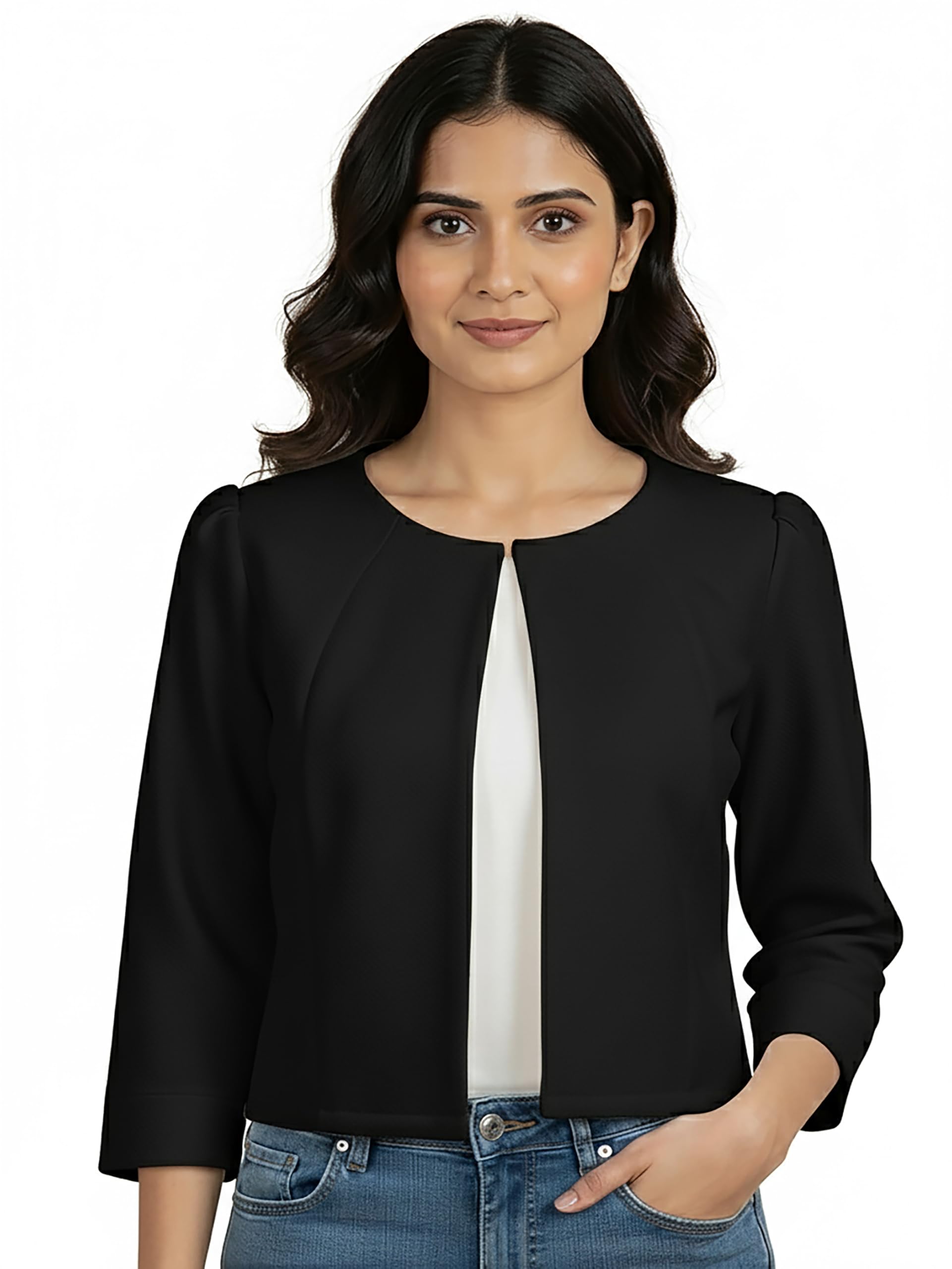 Asymmetric Neck Women's Cotton 3/4th Sleeves Fashionable Shrug | Relaxed Fit Regular Open Front Shrug for Ladies