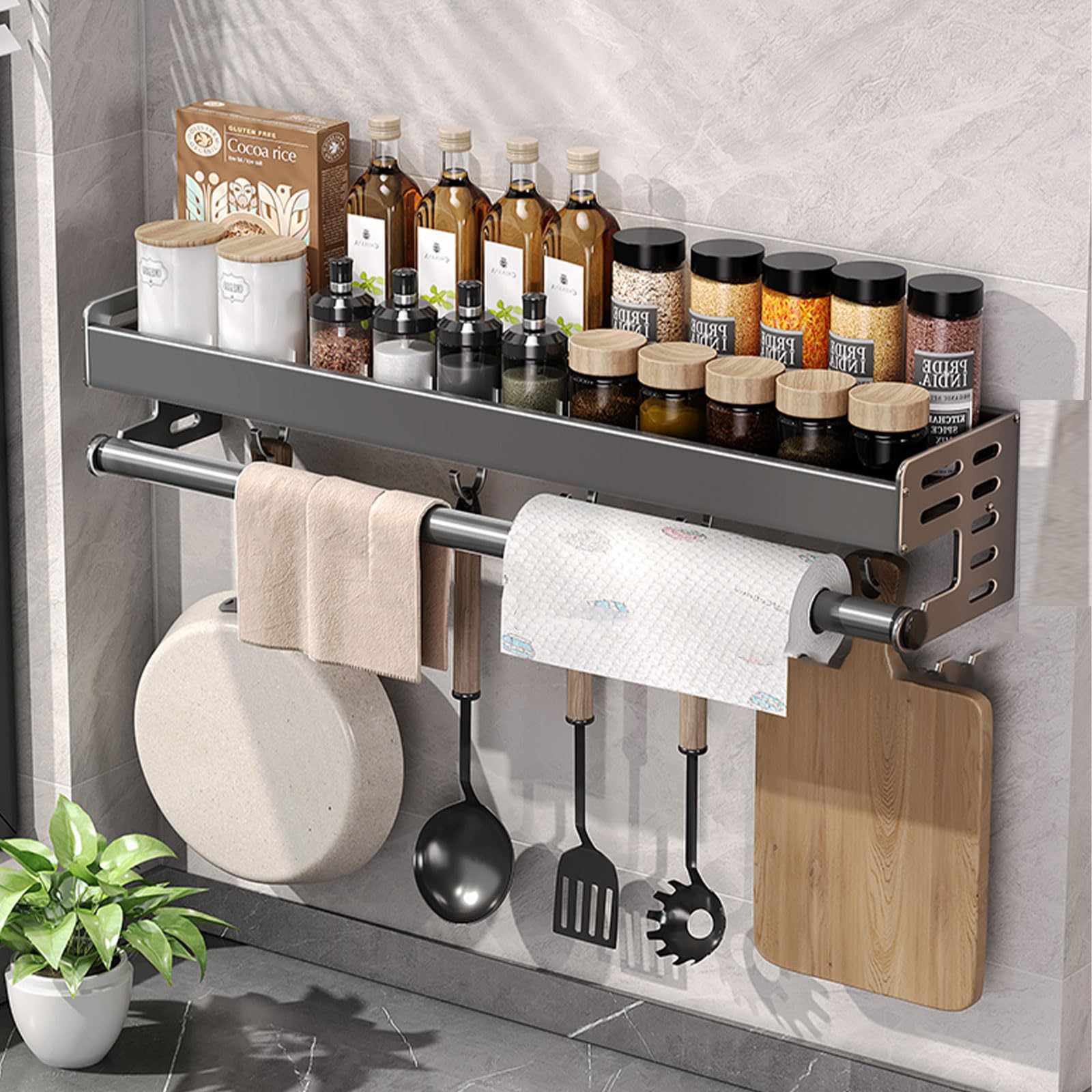 Dxcaicc Porte-ustensiles Mural, étagère multifonctionnelle pour Organisateur d'épices avec Crochets, étagère Murale de Rangement Suspendue pour Cuisine pour spatule,60cm/23.6in