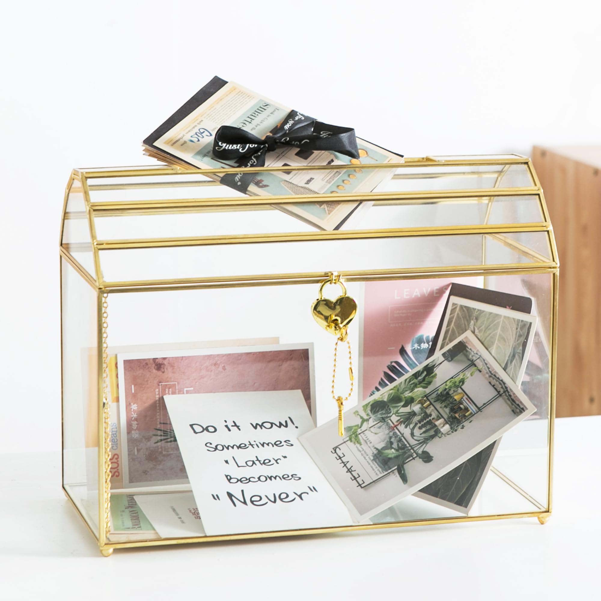 Scatola per biglietti di nozze con fessura, grandi scatole di carte in vetro da 30,5 cm per ricevimenti, porta carte dorate, scatola decorativa trasparente con serratura per baby shower,