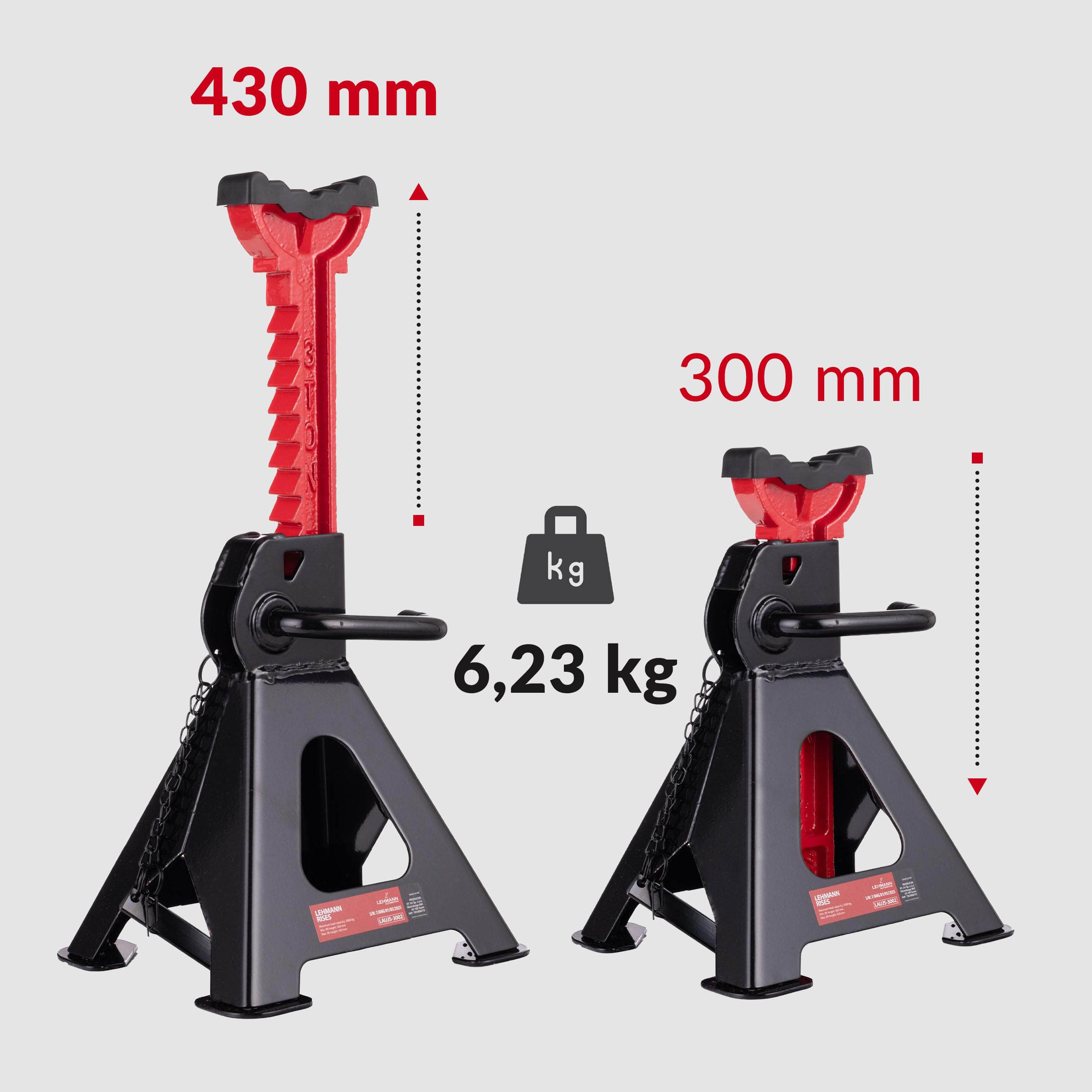 LEHMANN Unterstellbock 3T x2, Unterstellböcke 2er Set, Höhenverstellbar 300mm-430mm - Stützböcke mit Gummiauflage, KFZ Böcke für PKW, SUV & Kleintransporter bis 3000 kg