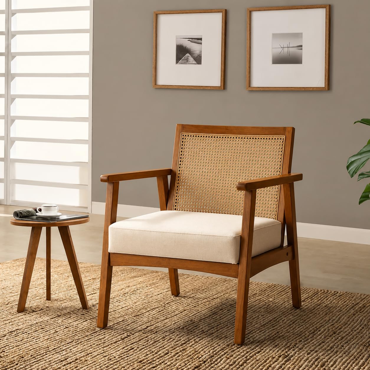 LSFH Wooden Accent Chair for Living Room | Solid Teak Wood Arm Chair with Natural Cane Rattan Back | Mid Century Modern Single Sofa Chair | Lounge Chair for Bedroom & Office (1, Off-White)-image-24