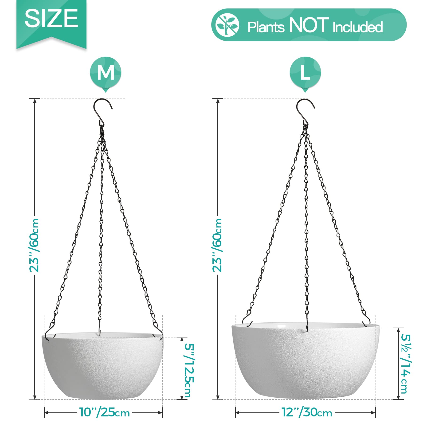T4U Blumentopf Hängend Plastik 2er Set, Φ25CM Hängetopf Pflanzen Weiß, Blumenampel mit Haken Rund, Hängender Blumentopf, für Innen und Außenbereich, Deko Hängend, Hängetopf für Büro, Zimmerpflanzen