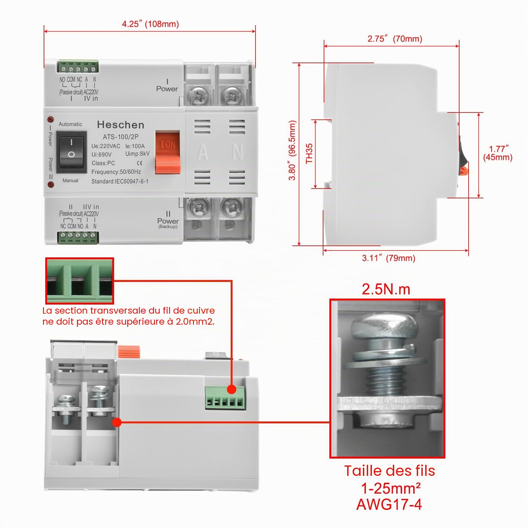 Heschen ATS ATS-100 2P 100A 220VAC 8kV Commutateur de Courant Automatique PC Classe Automatique / Manuel pour Commutation de Circuits