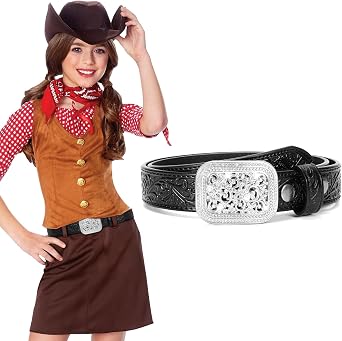 XZQTIVE Genuine Leather Belts for Boys Girls Vintage Kids Western Cowboy Cowgirl Belts Engraved Tooled Leather Belts