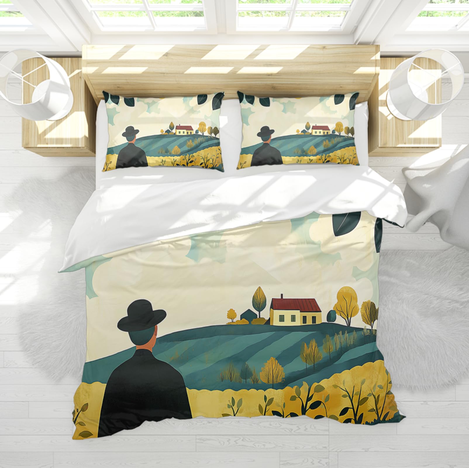 Diseño de Dibujos Animados Funda nórdica Hombre Mirando la casa 3 Piezas Juego de Funda nórdica con Cremallera 4 Lazos Juego de Ropa de Cama Suave y Acogedor con 2 Shams 220x240cm
