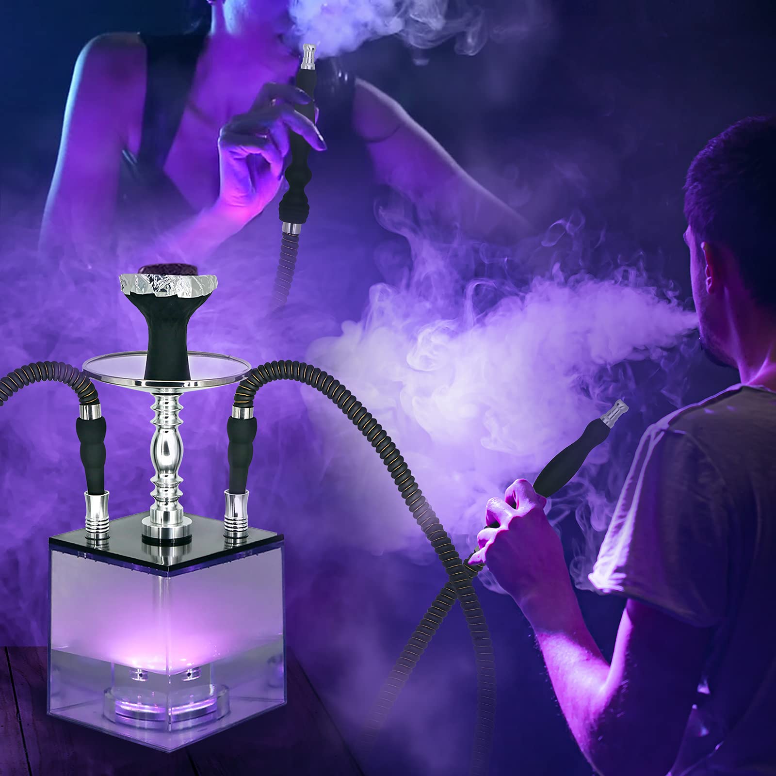 Hookah, juego de cachimba de acrílico con micro cubo LED – Incluye 2 mangueras – 16 fascinantes ajustes de color estático – Divertido kit de narguiles para adultos – hogar, bares, clubes, bodas,