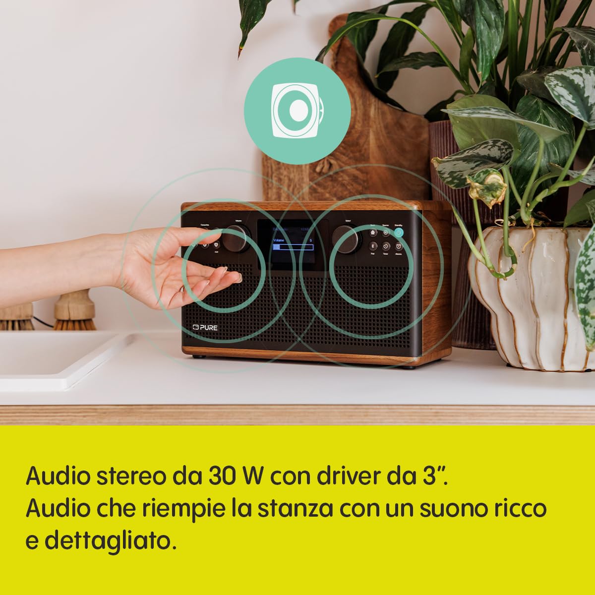 Pure Classic H6 Radio Estéreo Digital con DAB+, FM, Bluetooth 5.3, Pantalla TFT 2,4", 2×15 W, Marrón Café/Nogal