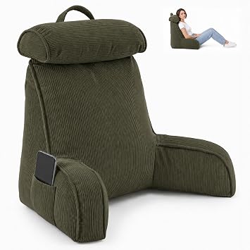 Reading Pillow for Bed with Detachable Neck Roll and Shredded Memory Foam, Back Pillow with Arms for Sitting Up, Washable Bed Rest Pillow with Side Pocket for Gaming, Sofa, Dorm - Green
