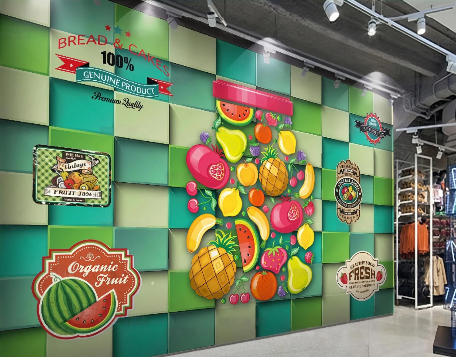 XDOUBAO Wallpaper Fashionable Green Square Splicing Creative Fruit Shop Shopping Mall Lobby Afternoon Tea Western Restaurant Background Wall Wallpaper Coffee Shop Mural,3D,400x280cm
