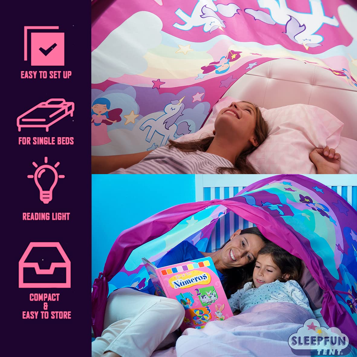 STARLYF SleepFun Tent Original, z reklamy telewizyjnej, namiot Pop Up Bed ze światłem do czytania, dekoracja do sypialni, łóżka pojedyncze