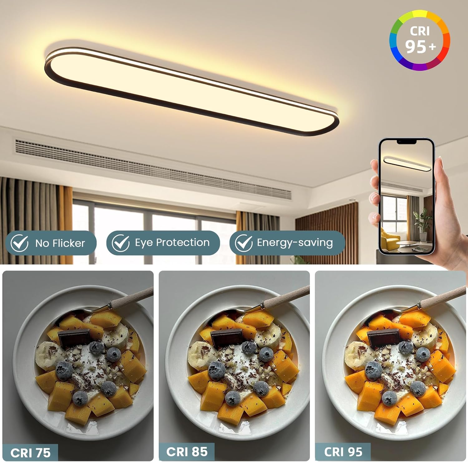ADISUN Modern LED Ceiling Light Dimmable Linear Ceiling Light 39.4in Semi Flush Mount Long Lights with Remote Control and Side Lighting for Living Room Kitchen Dining Room (65W)