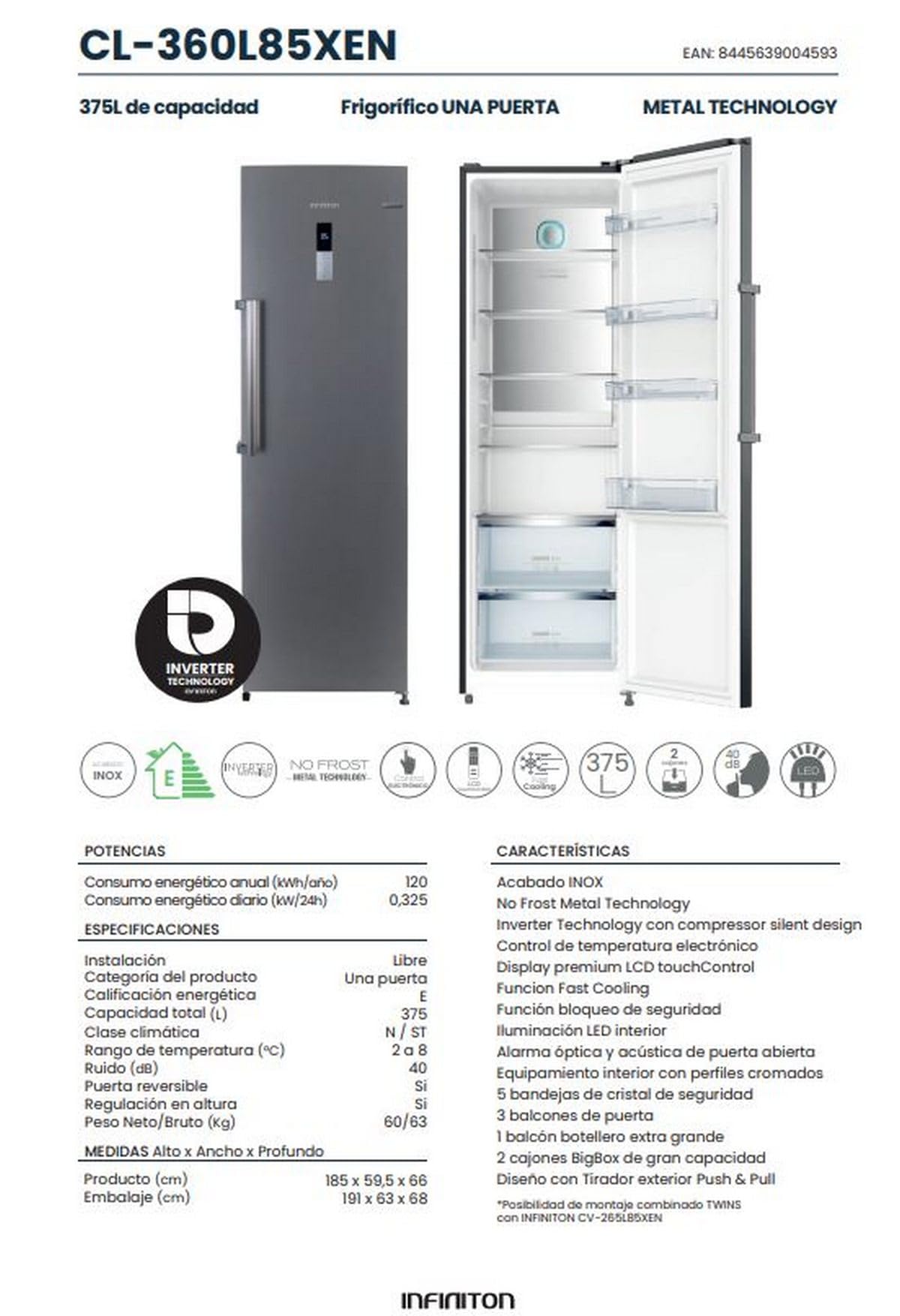 INFINITON Frigorifico Cooler CL-360L85XEN, 375 l, 185 cm de Altura, No Frost Technology, Inverter, Fast Cooling, Led Interior, Puerta reversible, Display, E, Inox
