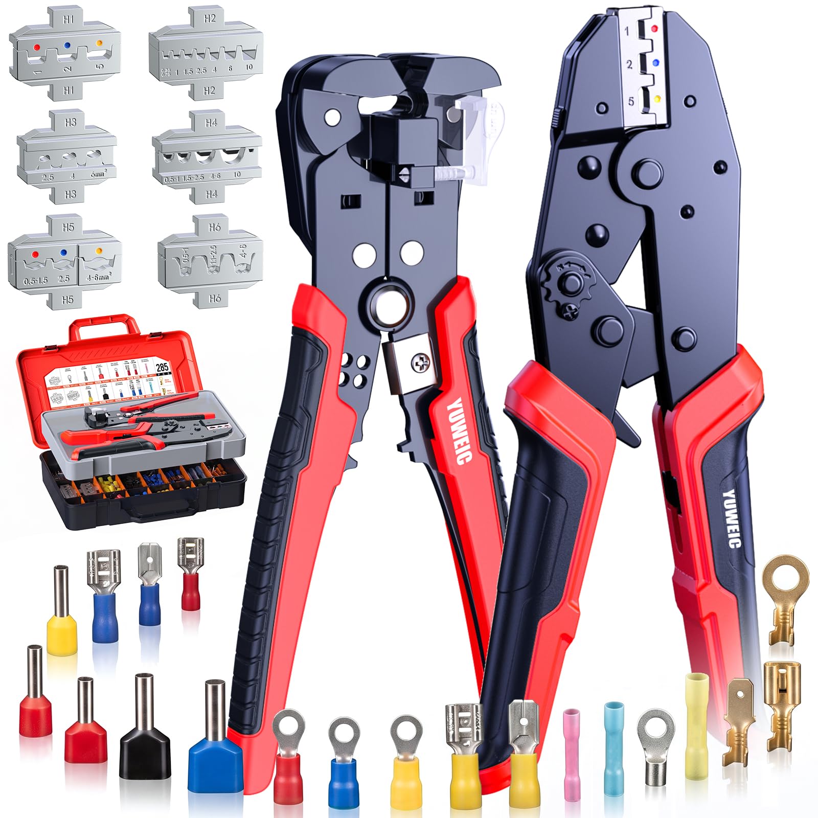 6-in-1 Crimpzange mit Abisolierzange, Crimpzange Set mit 6 Aufsätzen + 285 Zubehör-Kontakten – für Schrumpfschlauch, isolierte & blanke Adernendhülsen, Kabelschuhe