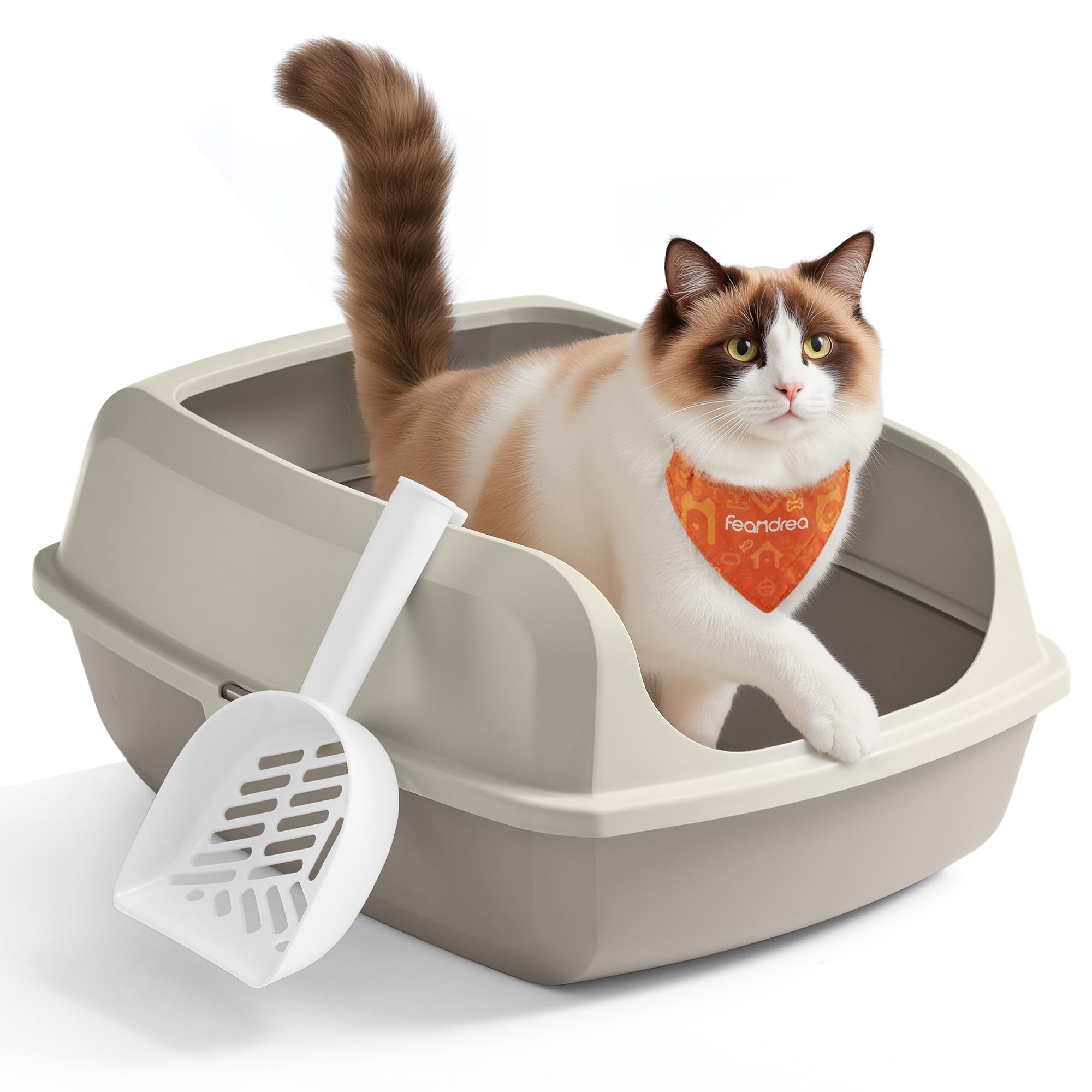 High sided open litter box with scoop for large cats and kittens, Cappuccino Beige / XXL